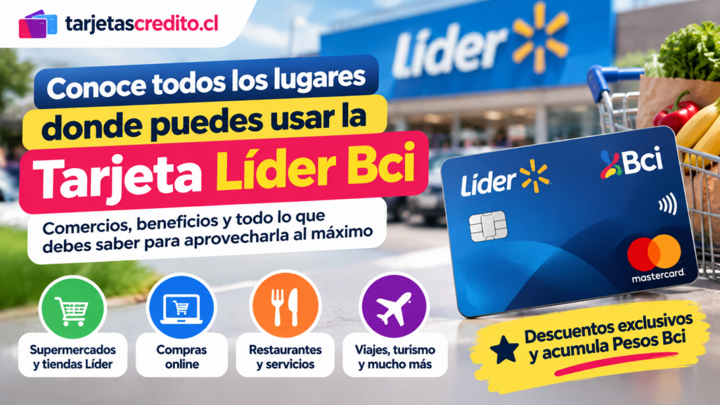 Tarjeta Líder Bci utilizada en supermercados, tiendas, compras online, restaurantes y otros comercios, con beneficios y descuentos para clientes.