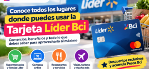 Tarjeta Líder Bci utilizada en supermercados, tiendas, compras online, restaurantes y otros comercios, con beneficios y descuentos para clientes.