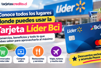 Tarjeta Líder Bci utilizada en supermercados, tiendas, compras online, restaurantes y otros comercios, con beneficios y descuentos para clientes.