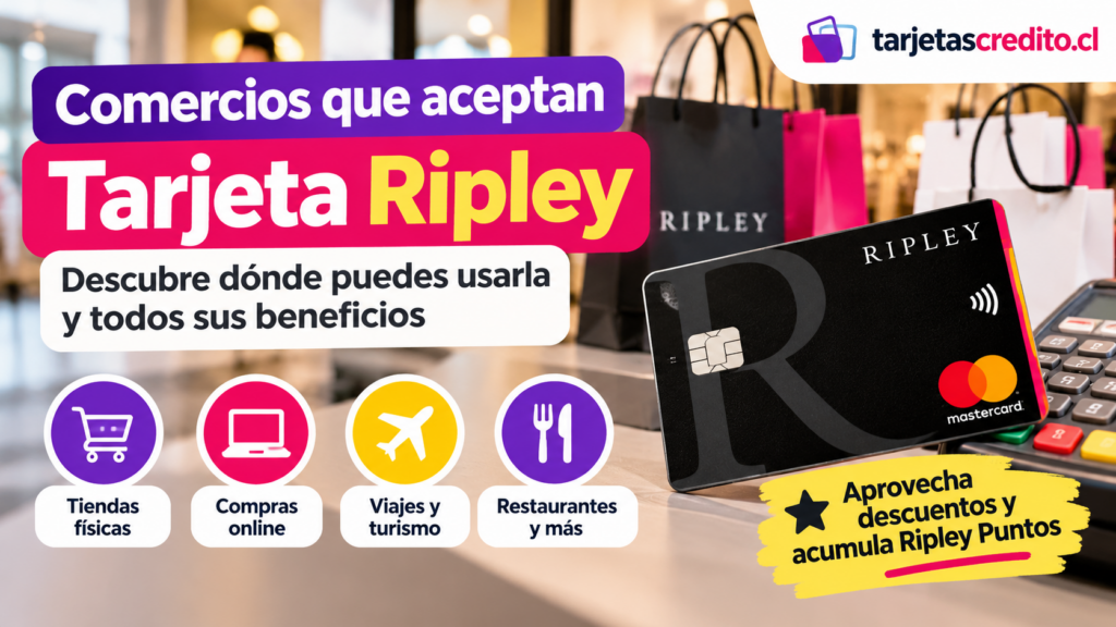 Comercios y lugares donde puedes utilizar la Tarjeta Ripley Mastercard, incluyendo tiendas físicas, compras online, viajes y restaurantes.