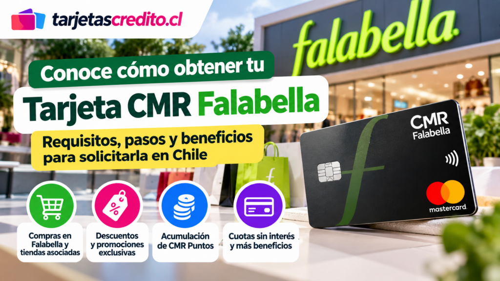 Tarjeta CMR Falabella con información sobre requisitos, solicitud, beneficios, descuentos, CMR Puntos y compras en tiendas asociadas.