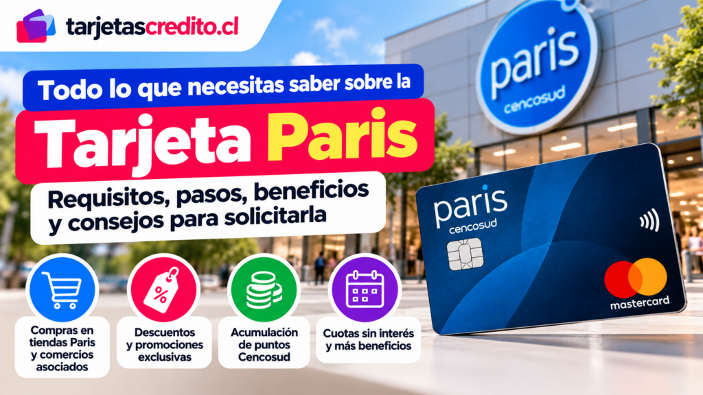 Tarjeta Paris Cencosud con información sobre requisitos, beneficios, descuentos, puntos Cencosud y opciones de pago en tiendas asociadas.