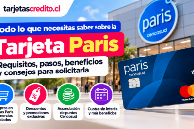 Tarjeta Paris Cencosud con información sobre requisitos, beneficios, descuentos, puntos Cencosud y opciones de pago en tiendas asociadas.