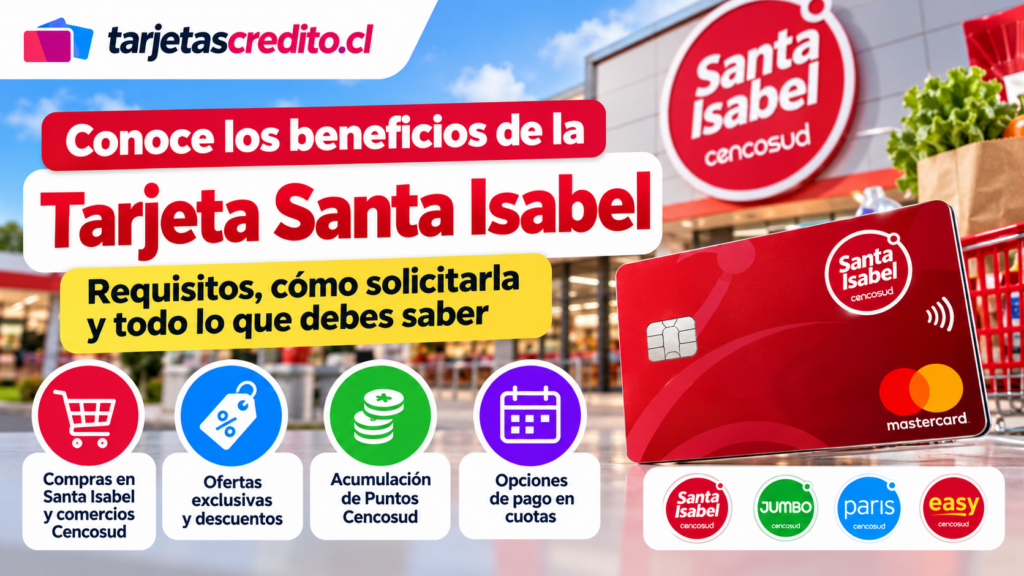 Tarjeta vinculada a Santa Isabel con información sobre requisitos, beneficios, descuentos, Puntos Cencosud y opciones de pago en cuotas.