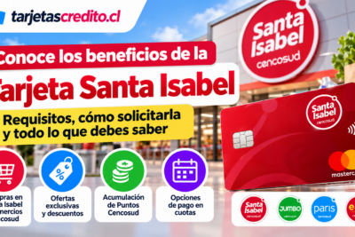 Tarjeta vinculada a Santa Isabel con información sobre requisitos, beneficios, descuentos, Puntos Cencosud y opciones de pago en cuotas.