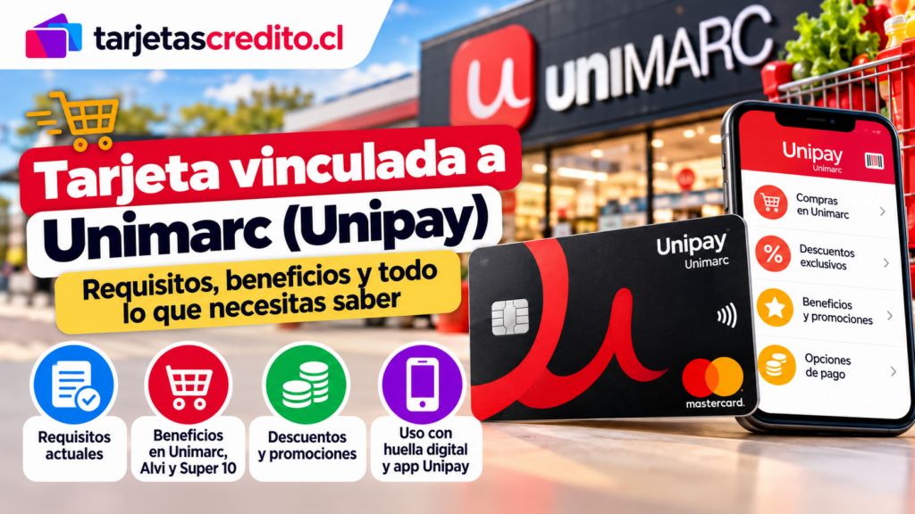 Tarjeta Unipay vinculada a Unimarc con información sobre requisitos, beneficios, descuentos, promociones y uso mediante huella digital.