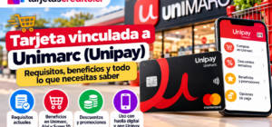 Tarjeta Unipay vinculada a Unimarc con información sobre requisitos, beneficios, descuentos, promociones y uso mediante huella digital.