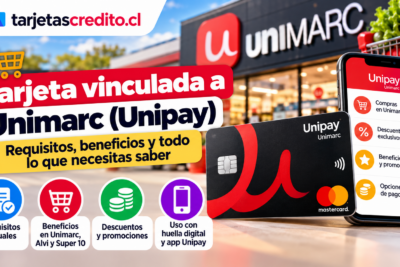 Tarjeta Unipay vinculada a Unimarc con información sobre requisitos, beneficios, descuentos, promociones y uso mediante huella digital.