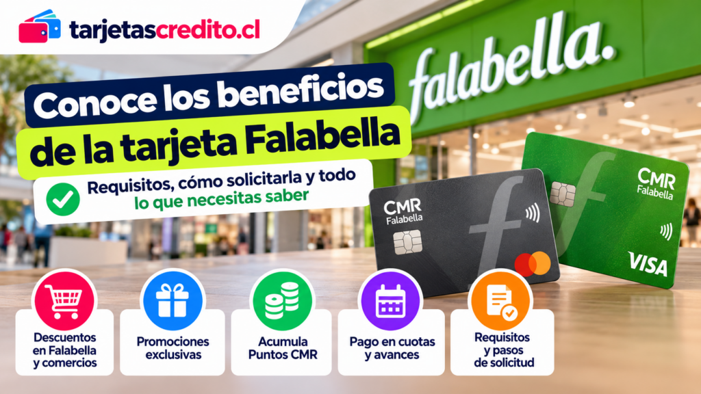 Tarjeta CMR Falabella con información sobre descuentos, promociones, Puntos CMR, pago en cuotas, avances y requisitos para solicitarla.