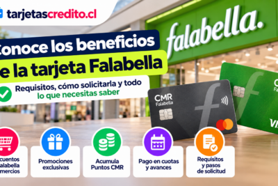 Tarjeta CMR Falabella con información sobre descuentos, promociones, Puntos CMR, pago en cuotas, avances y requisitos para solicitarla.