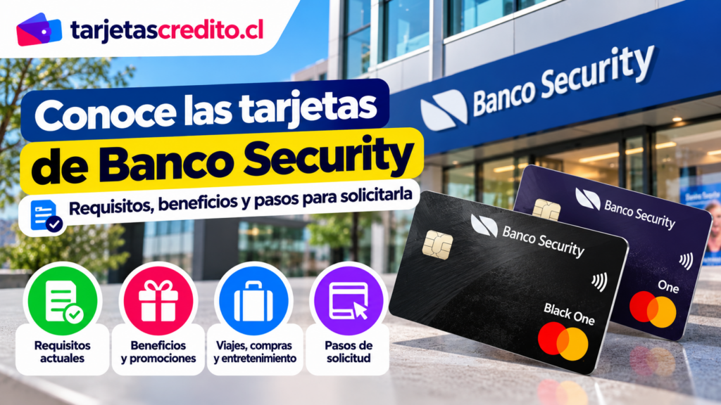 Tarjetas Banco Security con información sobre requisitos actuales, beneficios, promociones, viajes, compras y pasos para solicitar una tarjeta.