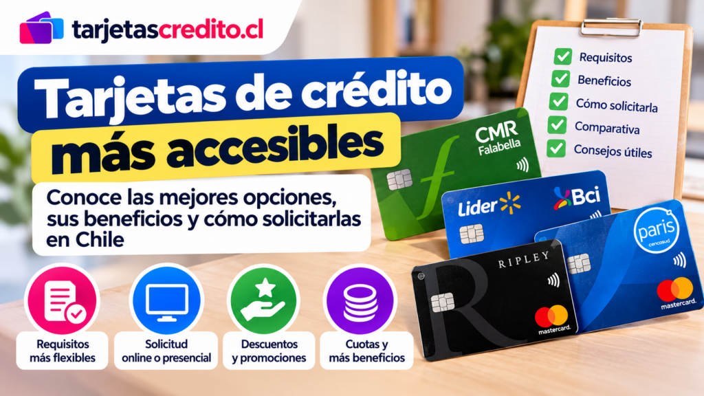 Tarjetas de crédito accesibles en Chile con requisitos flexibles, solicitud online o presencial, promociones, descuentos y opciones de pago.