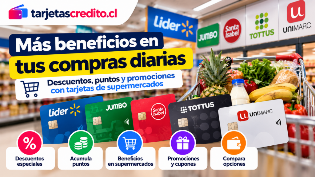 Tarjetas vinculadas a supermercados en Chile con descuentos especiales, acumulación de puntos, promociones, cupones y beneficios en compras habituales.