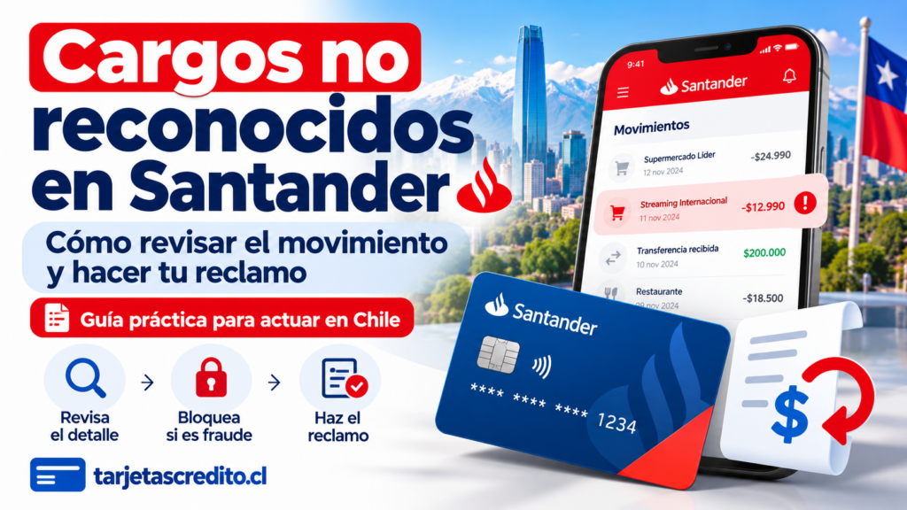 Movimientos sospechosos en tarjeta Santander con guía para revisar cargos no reconocidos y presentar un reclamo en Chile