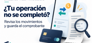 Celular con símbolos de transferencia pendiente y una lupa sobre un comprobante, ilustrando la revisión de operaciones en BancoEstado.