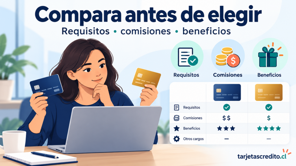 Comparación de tarjetas de crédito según requisitos, comisiones, beneficios y otros cargos.
