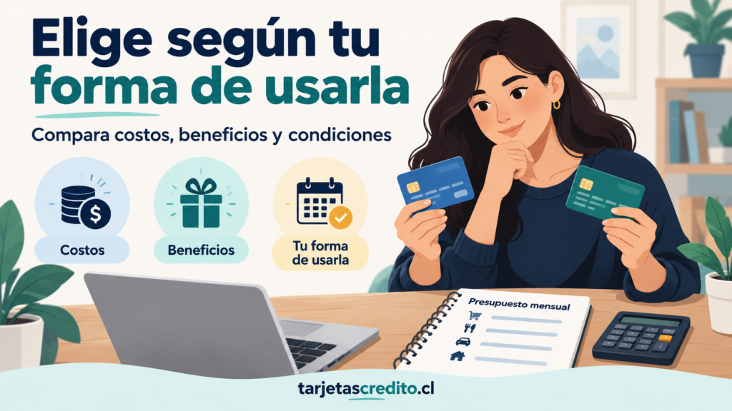 Persona comparando tarjetas de crédito según costos, beneficios y condiciones, con apoyo de un presupuesto mensual.