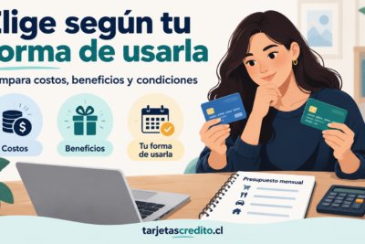 Persona comparando tarjetas de crédito según costos, beneficios y condiciones, con apoyo de un presupuesto mensual.