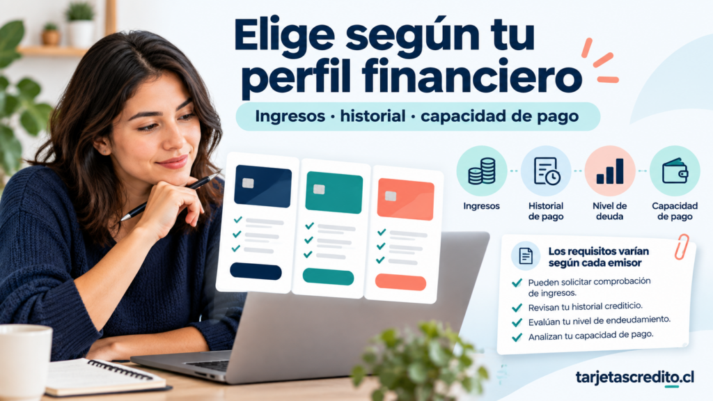 Persona comparando tarjetas de crédito según sus ingresos, historial de pago y capacidad para asumir deuda.
