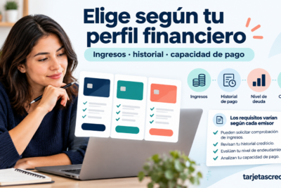 Persona comparando tarjetas de crédito según sus ingresos, historial de pago y capacidad para asumir deuda.