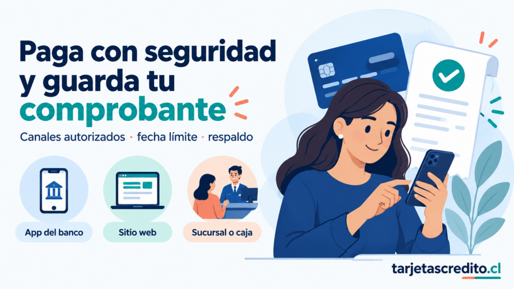 Ilustración de distintos canales de pago para una tarjeta, con recordatorio de revisar la fecha límite y conservar el respaldo.