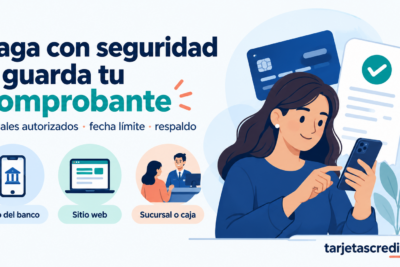 Ilustración de distintos canales de pago para una tarjeta, con recordatorio de revisar la fecha límite y conservar el respaldo.