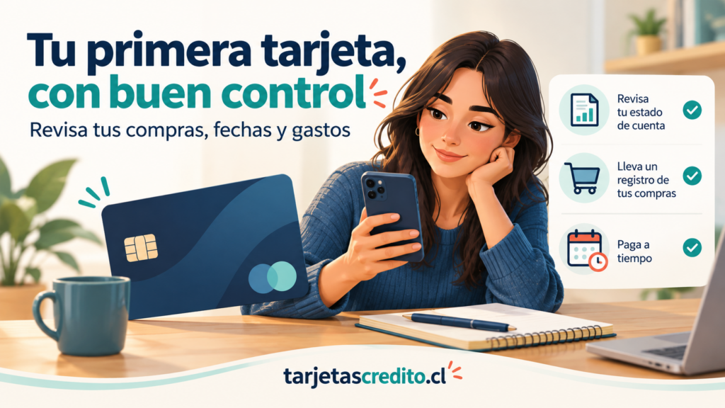 Persona revisando sus compras con el celular junto a una tarjeta de crédito
