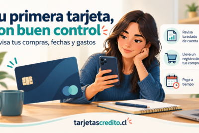 Persona revisando sus compras con el celular junto a una tarjeta de crédito