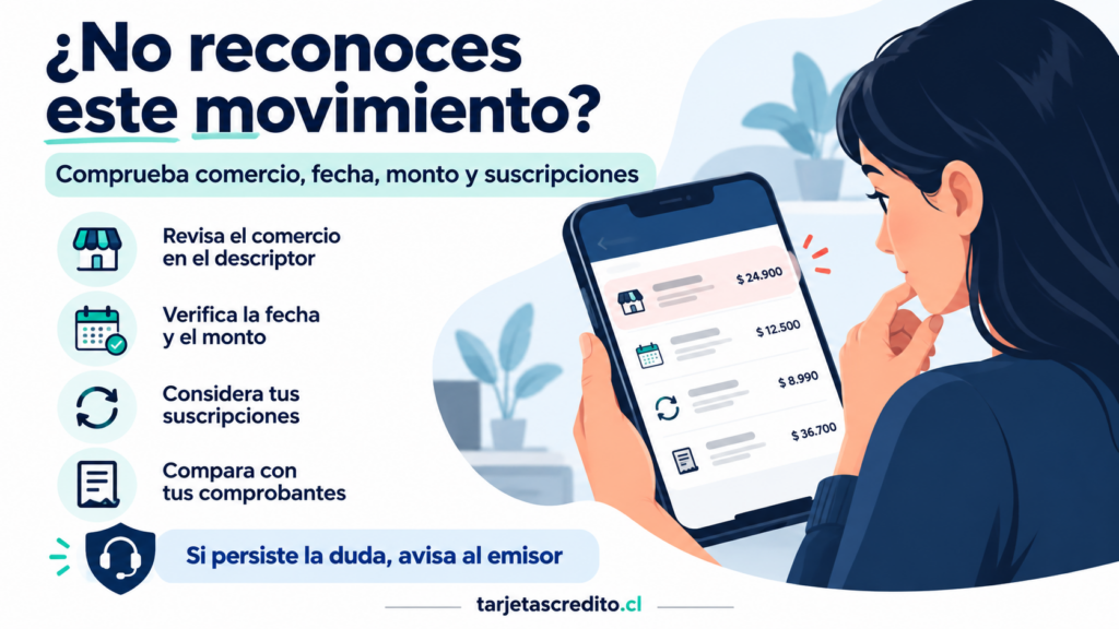 Persona revisando un movimiento de tarjeta y comparando el comercio, la fecha, el monto y sus suscripciones antes de reclamar.
