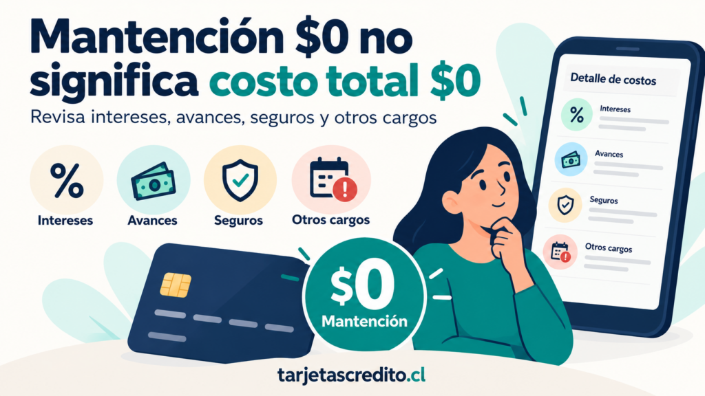 Revisión de intereses, avances, seguros y otros cobros que pueden aplicarse a una tarjeta sin tarifa mensual.