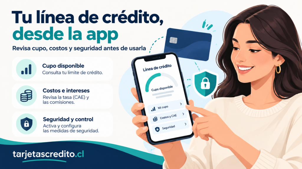 Persona consultando en una aplicación el cupo disponible, los costos y las opciones de seguridad de su línea de crédito.