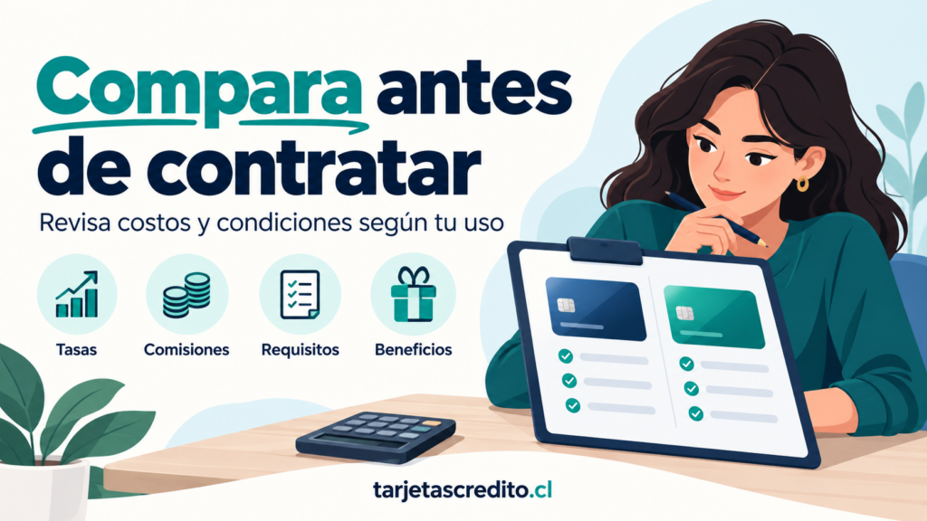 Persona comparando dos ofertas con una lista de tasas, comisiones, requisitos y beneficios.