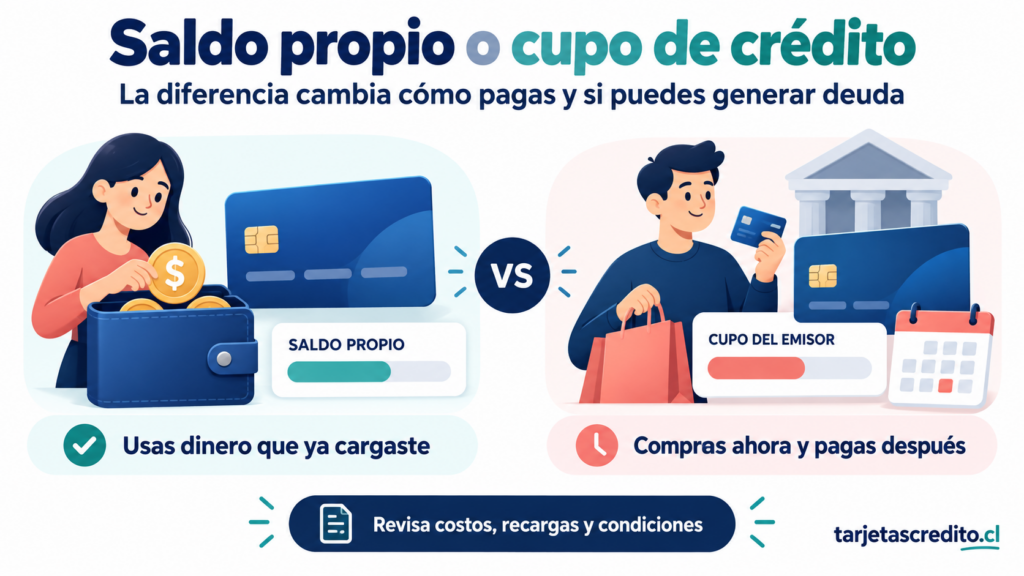 Comparación visual entre una tarjeta prepago, que usa saldo cargado, y una tarjeta de crédito, que permite pagar después.